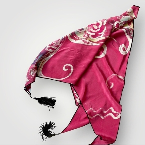 Vtg Kathy Robinson Silk Scarf Tie Dye Swirls Pink Black Trim & Tassels Triangle - Picture 8 of 16